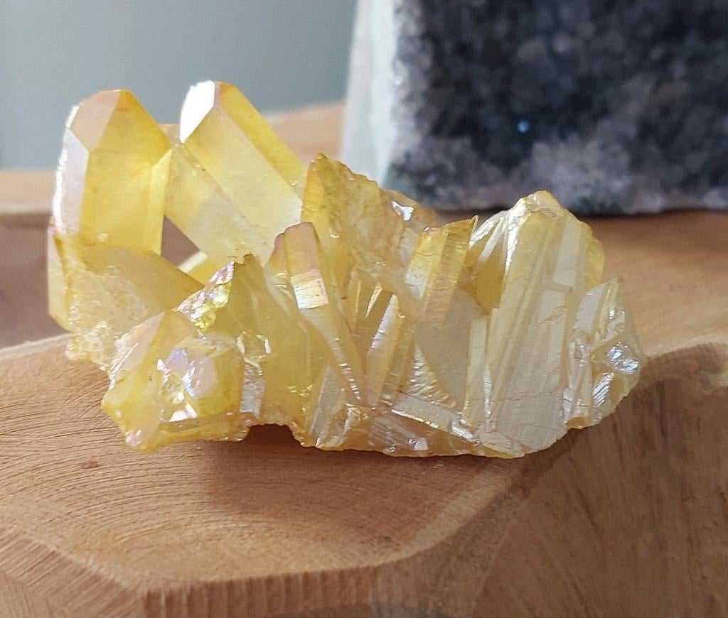 "Sunshine angel aura" kwarts cluster met coating van oa goud, Ophalen of Verzenden