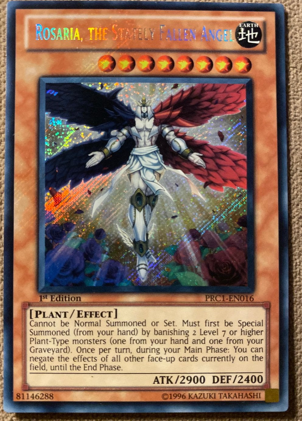 Yu-Gi-Oh! Rosaria, the Stately Fallen Angel PRC1 1st Edition, Ophalen of Verzenden, Zo goed als nieuw, Losse kaart, Foil