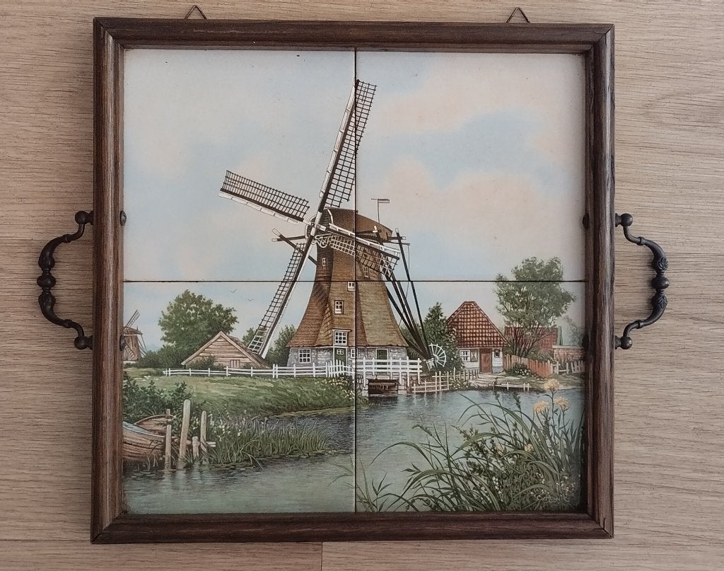 Oud Dienblad van 4 tegels, Verzenden, Zo goed als nieuw, Rechthoekig, Hout