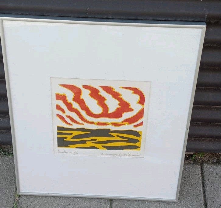 Peter Louman Houtsnede 'Zonsondergang' 1995, Antiek en Kunst, Ophalen of Verzenden