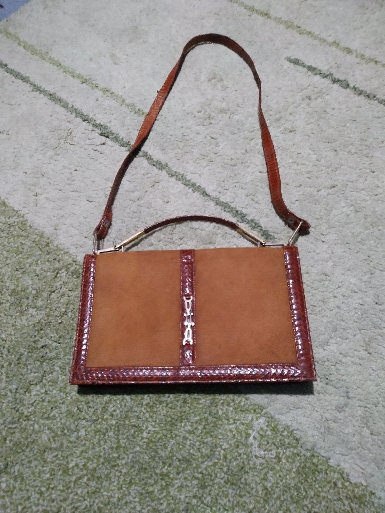 Retro dames echt slangenleer en suède tas, Ophalen of Verzenden, Gebruikt, Bruin, Schoudertasje