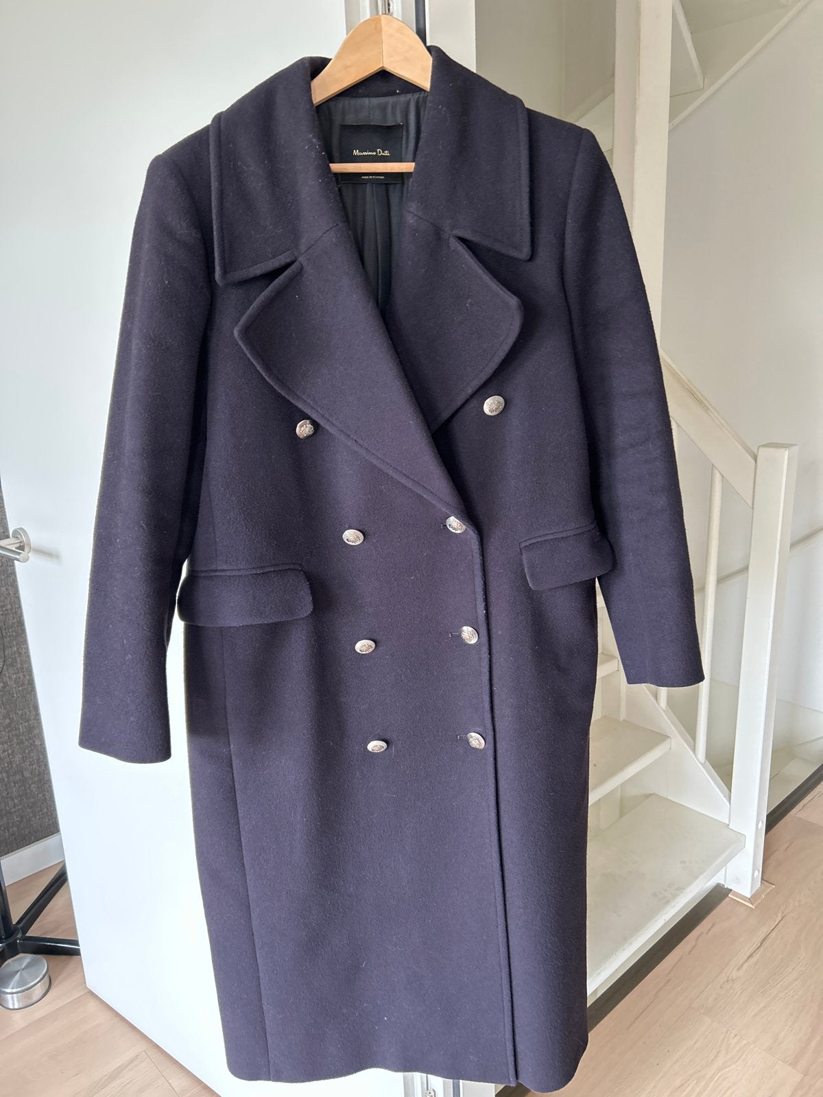 Massimo Dutti lange wollen jas - lees advertentietekst, Kleding | Dames, Ophalen of Verzenden, Gedragen, Maat 42/44 (L), Blauw