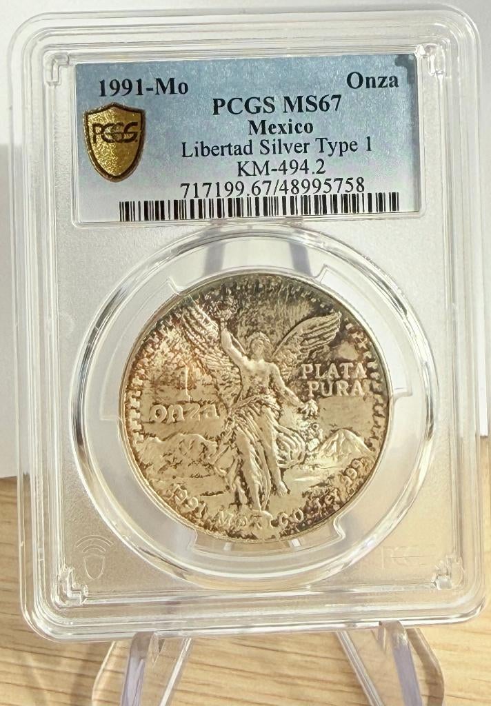 1991 Mexico Onza Libertad 1 oz silver PCGS MS67 - Toned!, Postzegels en Munten, Munten | Amerika, Ophalen, Midden-Amerika, Losse munt