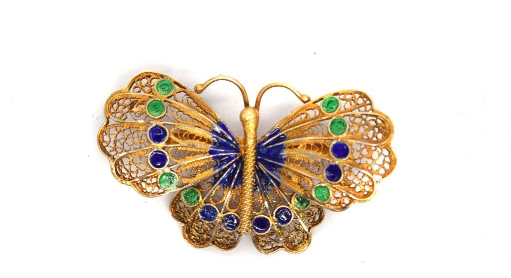 Antieke vlinderbroche – verguld filigraan & emaille, Ophalen, Goud, Overige materialen