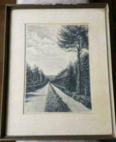 Houtskool tekening Bospad met hek J. Deo 5 juni 1949., Ophalen