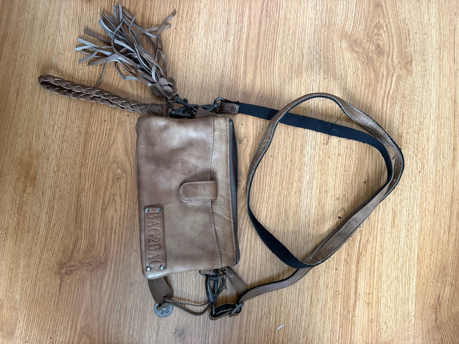 Bag2Bag schoudertasje/portemonnee leer taupe, Ophalen of Verzenden, Gebruikt, Bruin, Schoudertasje