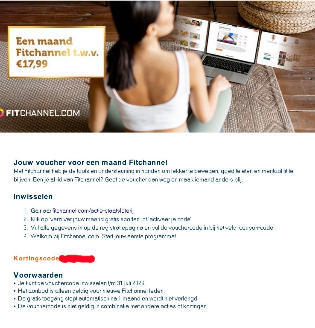 Voucher 1 maand fitchannel kijken, Eén persoon