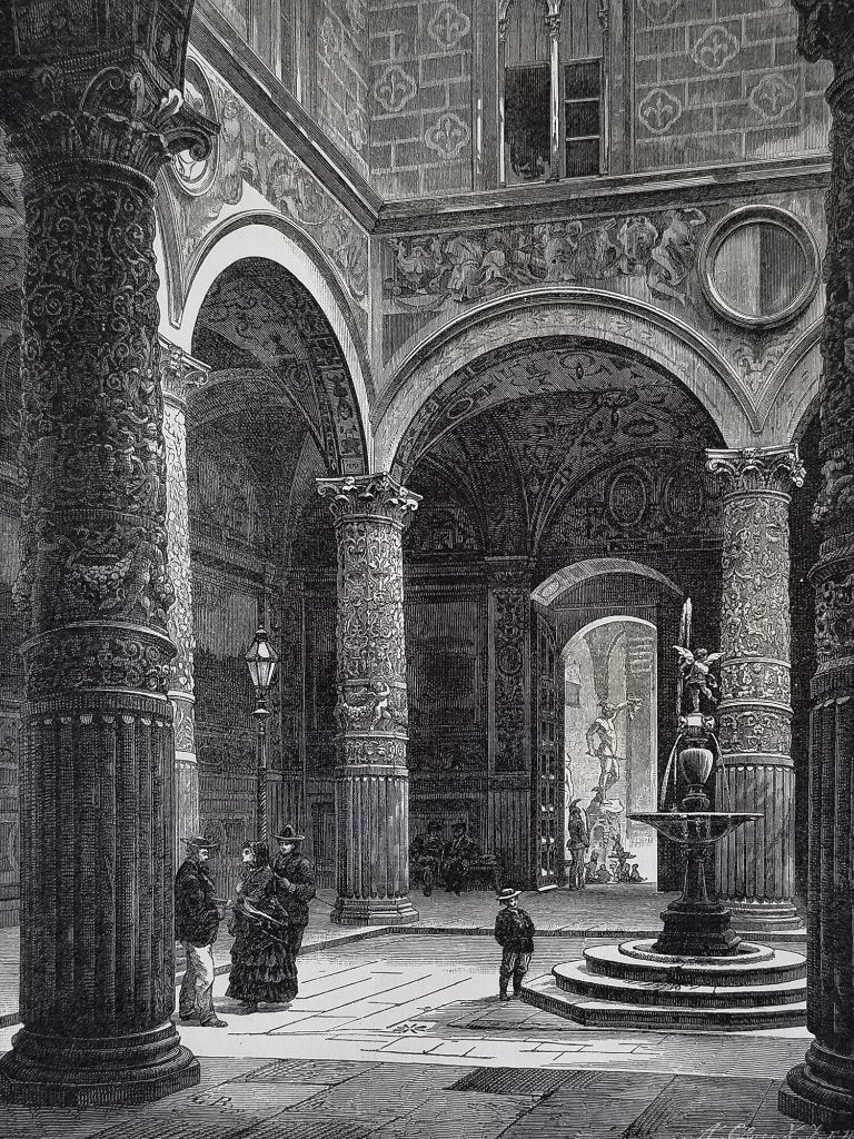 Houtgravure Palazzo Vecchio, Florence Italië, gedrukt 1877, Verzenden, Architectuur, 30 cm, 1800 - 1899