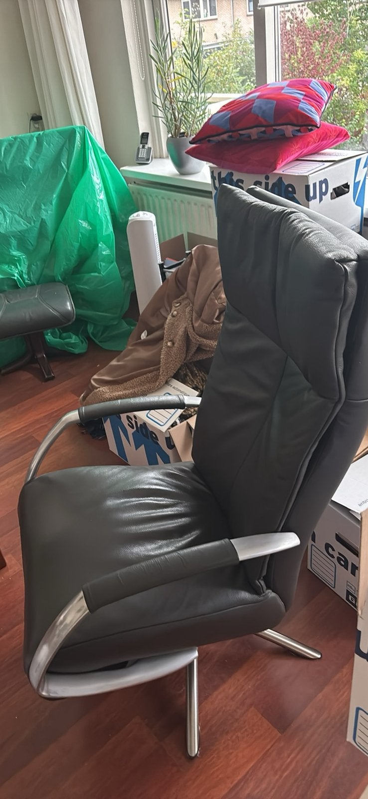 Groene leren verstelbare relax stoel, Ophalen, Zo goed als nieuw, 75 tot 100 cm, 50 tot 75 cm
