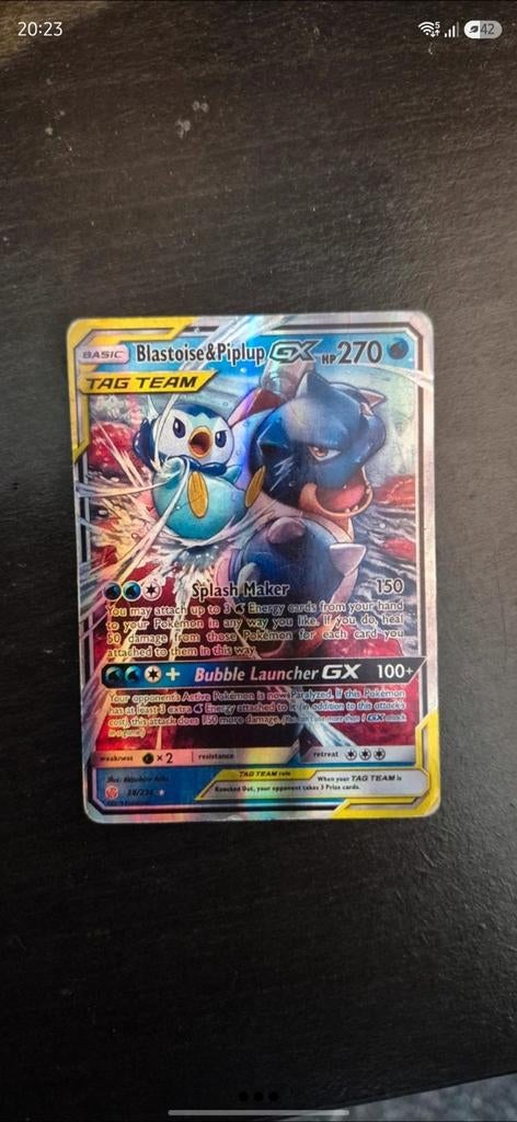 Blastoise GX tag team pokemon kaart, Ophalen of Verzenden, Zo goed als nieuw, Losse kaart