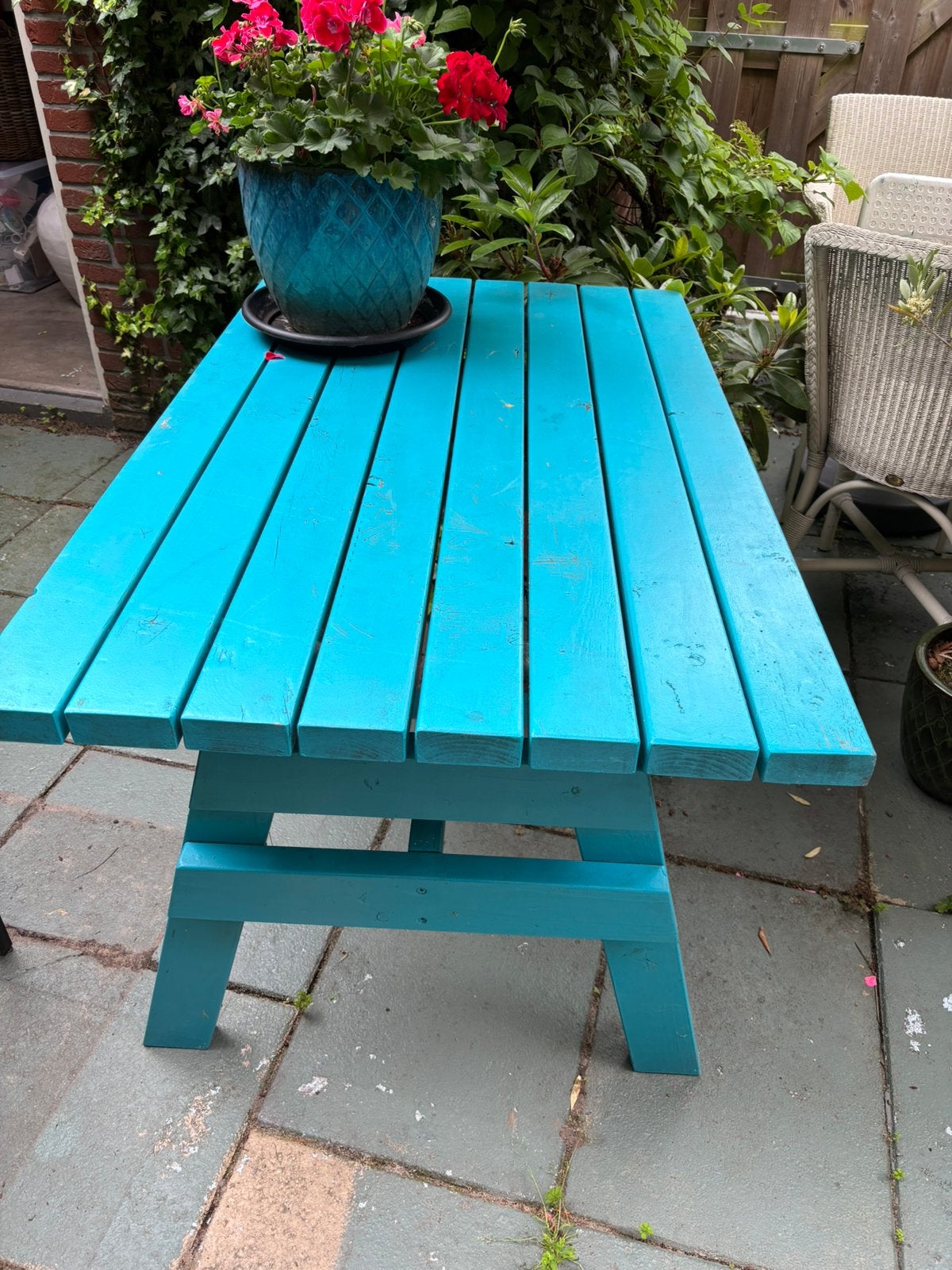 Tuintafel blauw, Ophalen, Zo goed als nieuw, Rechthoekig, Hout