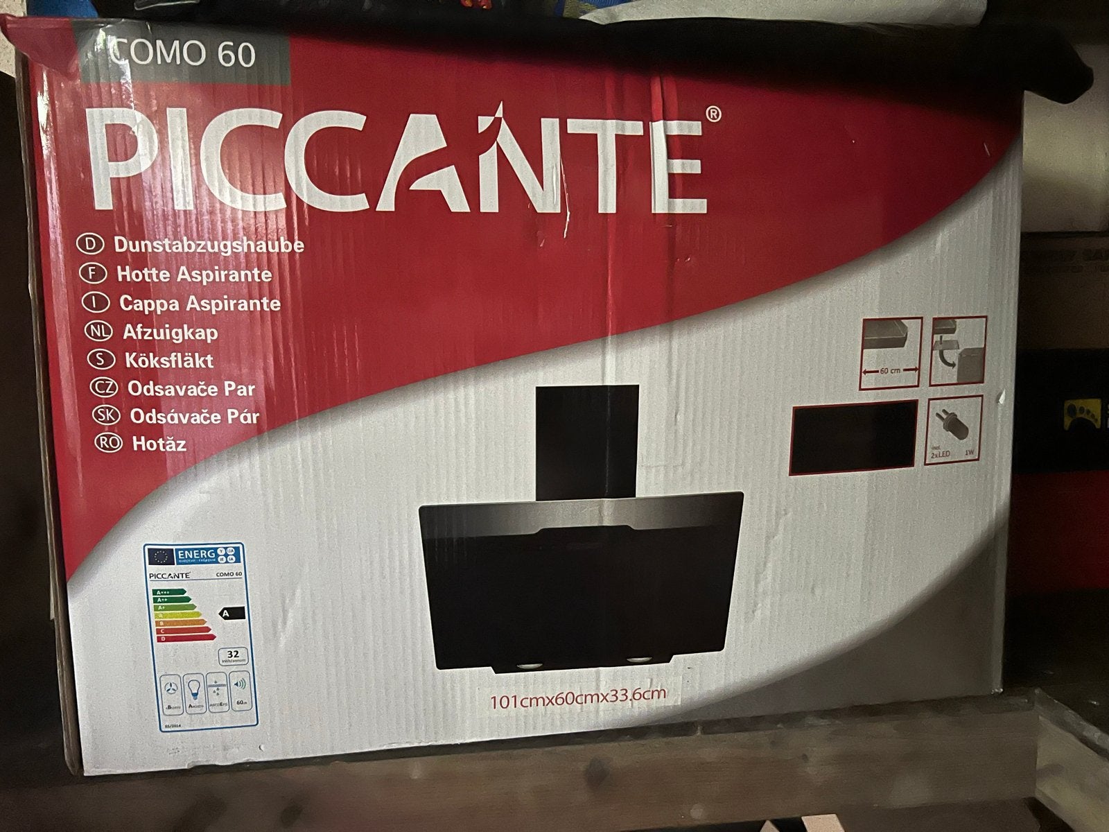Piccante Como 60 Afzuigkap, Ophalen, Wandschouwkap, Nieuw, 400 tot 600 m³ per uur