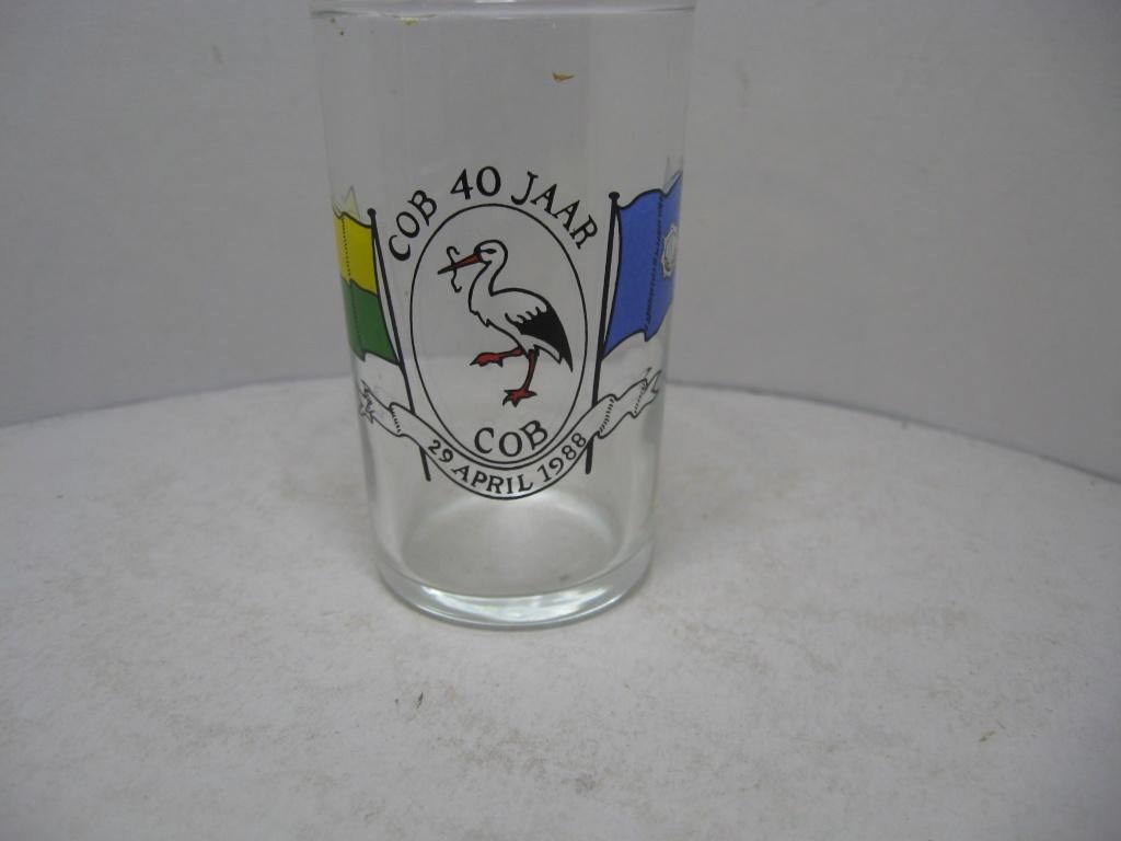 Borrel glas Den Haag ooievaar ... 40 jaar COB 29 april 1988, Verzamelen, Ophalen of Verzenden, Zo goed als nieuw, Borrel- of Shotglas