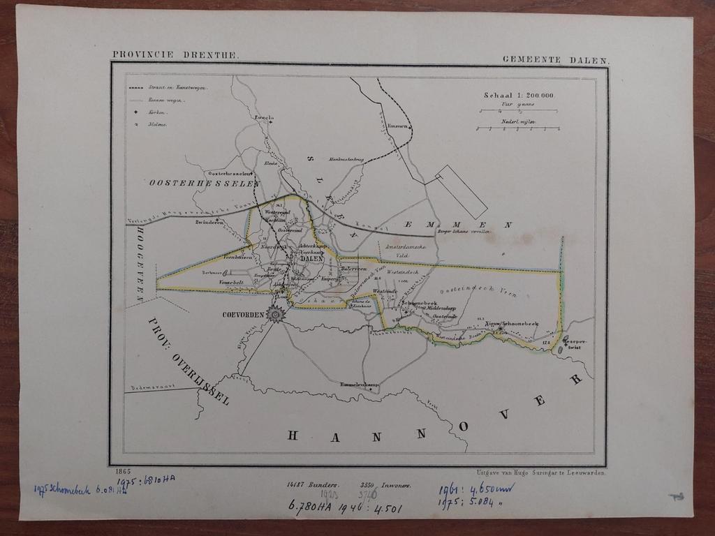 7 / Gemeente Dalen met Coevorden litho uit 1865 van J Kuyper, Antiek en Kunst, Kunst | Litho's en Zeefdrukken, Ophalen of Verzenden
