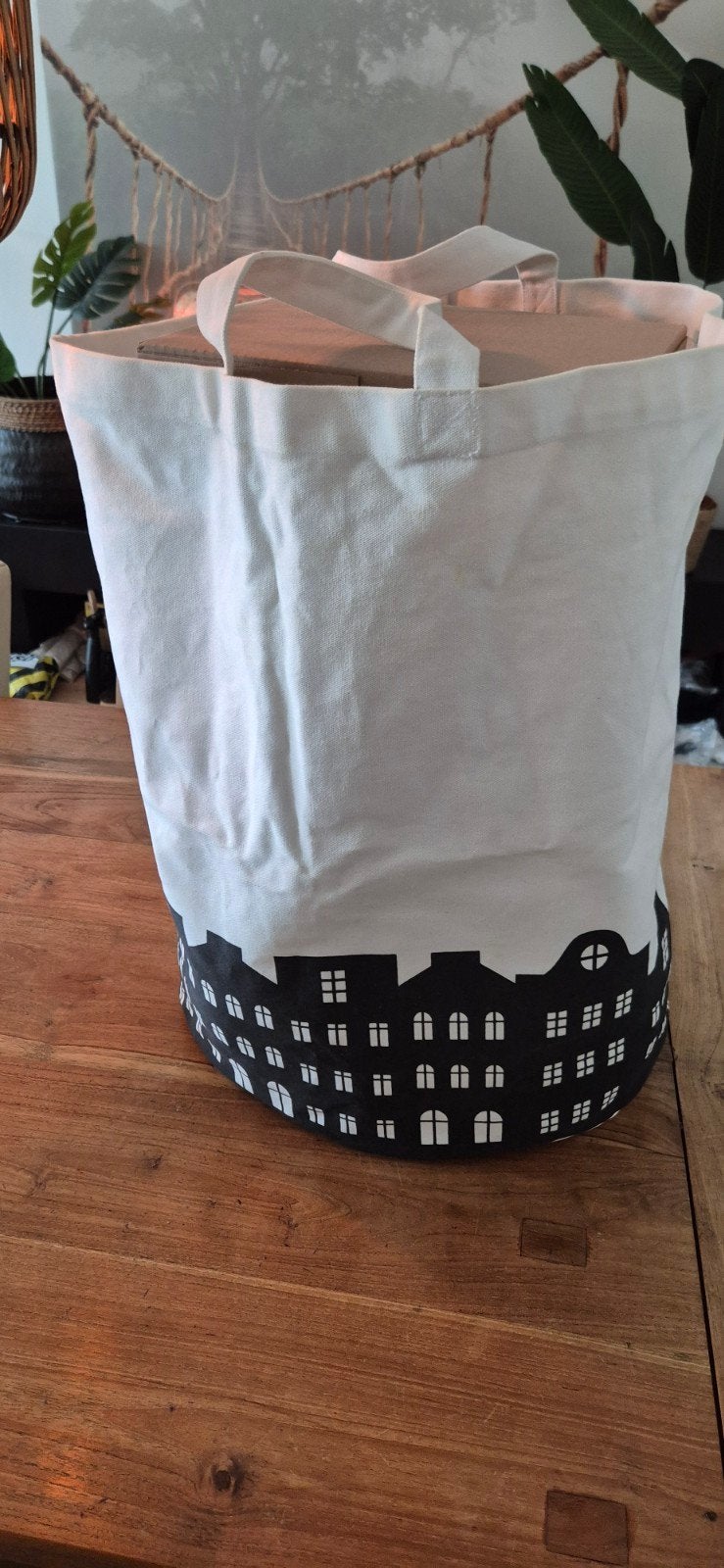 Witte stoffen tas met grachtenpandjes print, Huis en Inrichting, Ophalen of Verzenden, Nieuw, Wit, Textiel
