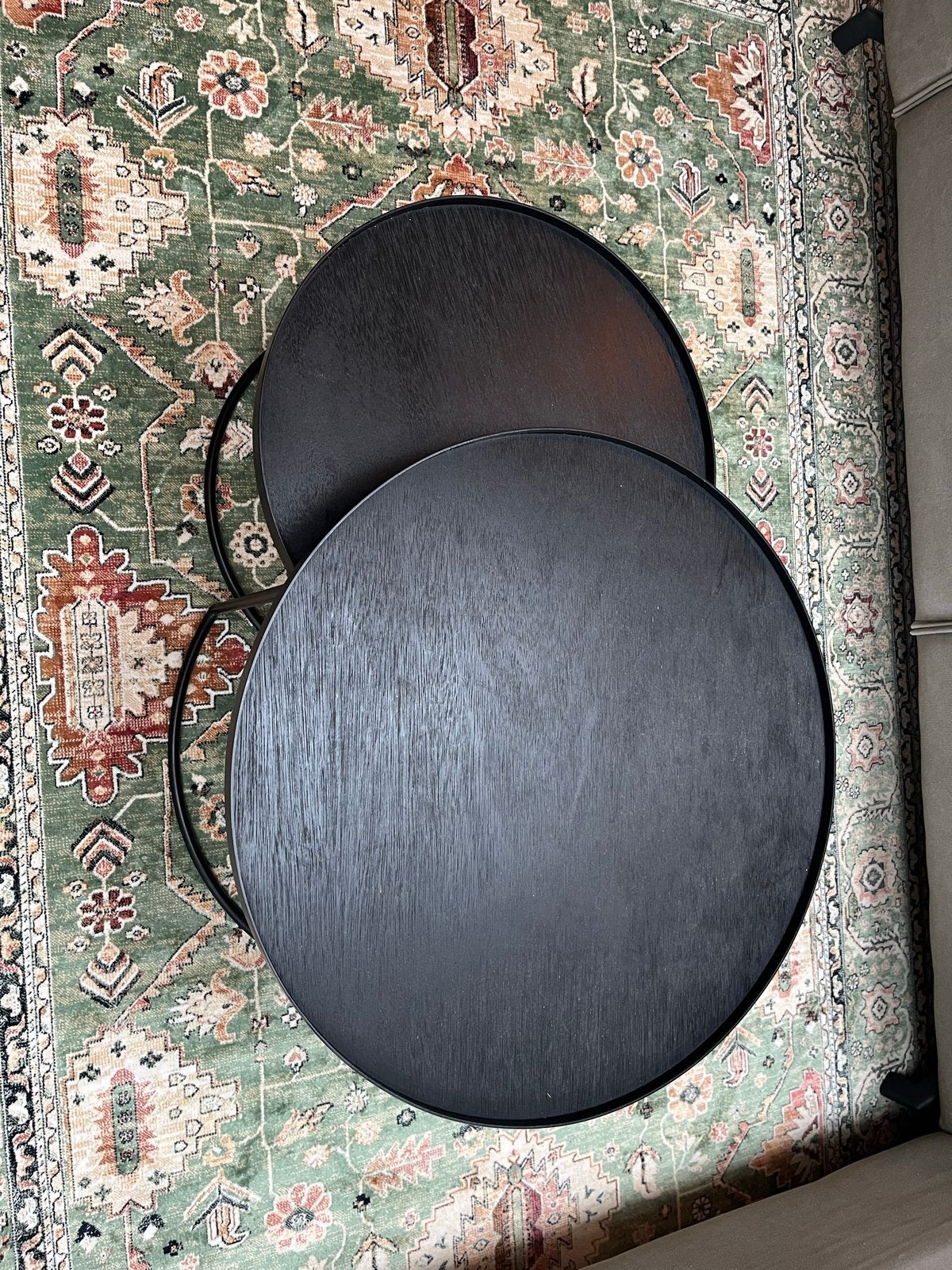 Set van 2 zwarte Round Tray Salontafels. Mister Design, Ophalen, Minder dan 45 cm, Minder dan 55 cm, Gebruikt