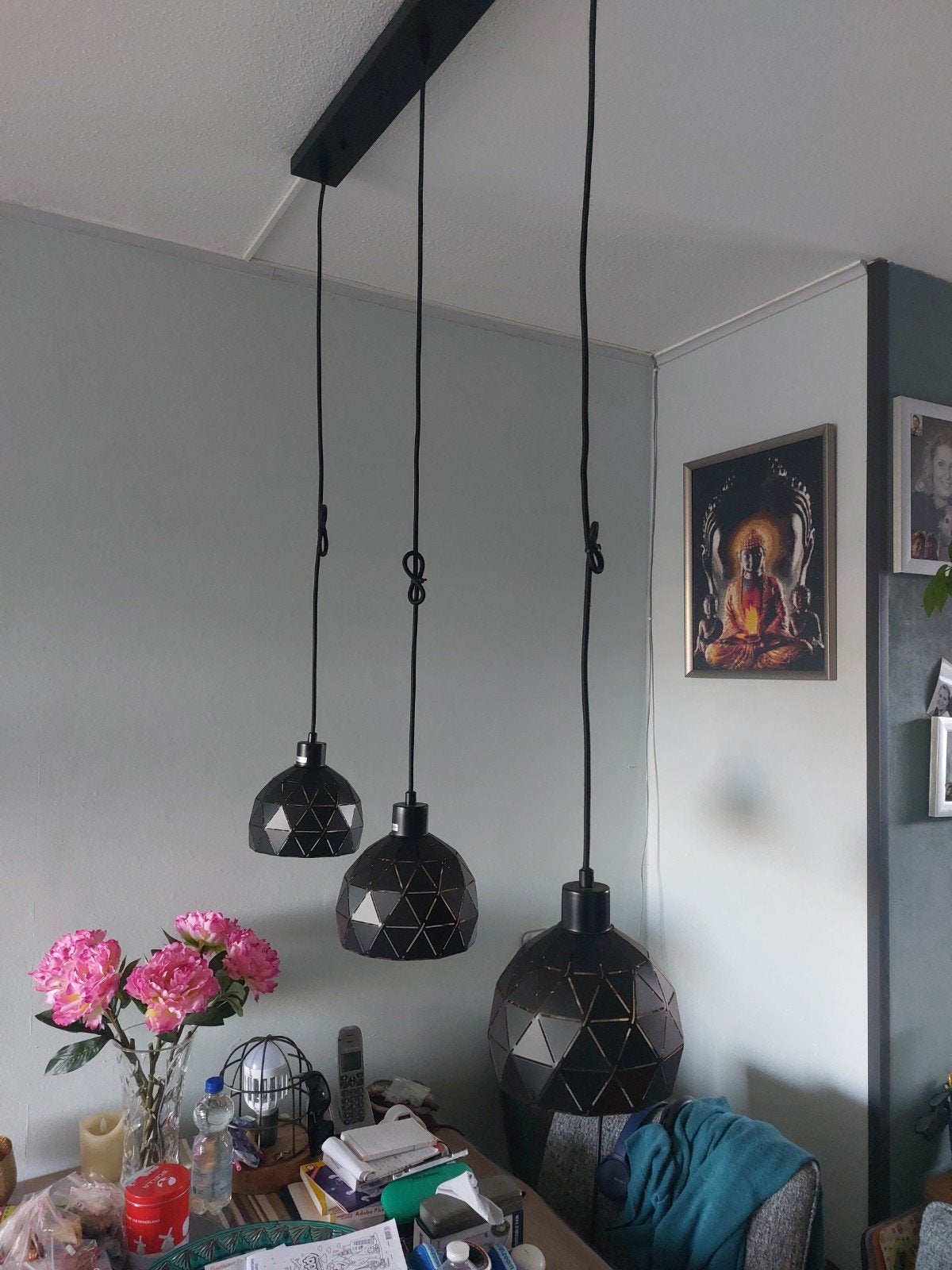 Hang/plafondlamp bruin met gouden binnenkant, Ophalen, Gebruikt, Metaal