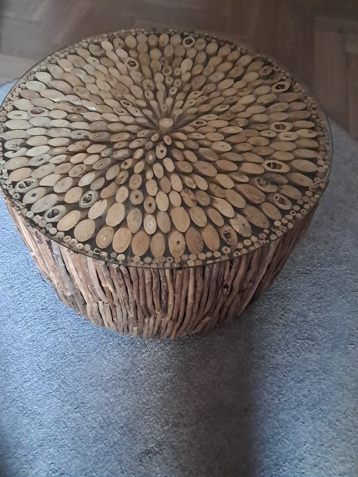 Unieke salontafel van drijfhout met glazen blad, Ophalen, 50 tot 100 cm, Rustiek, Natuurlijk, Bohemian, Rond