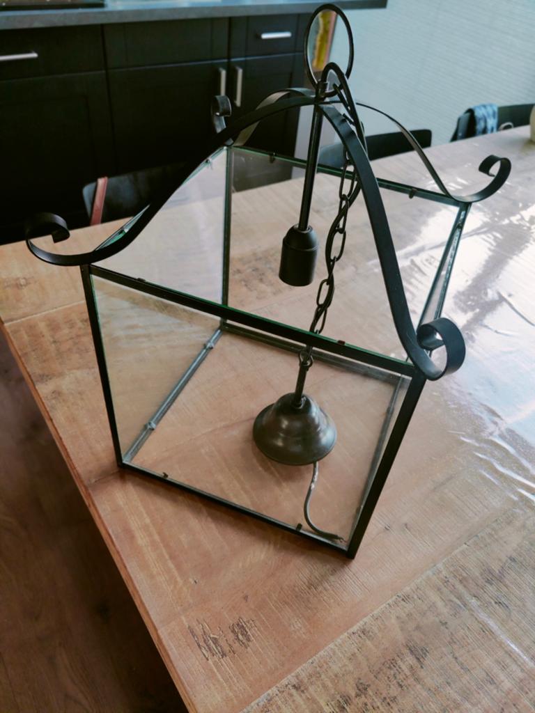 Industriële Glazen Hanglamp - Zwart Metaal, Ophalen, Gebruikt, Glas, Vintage, Klassiek