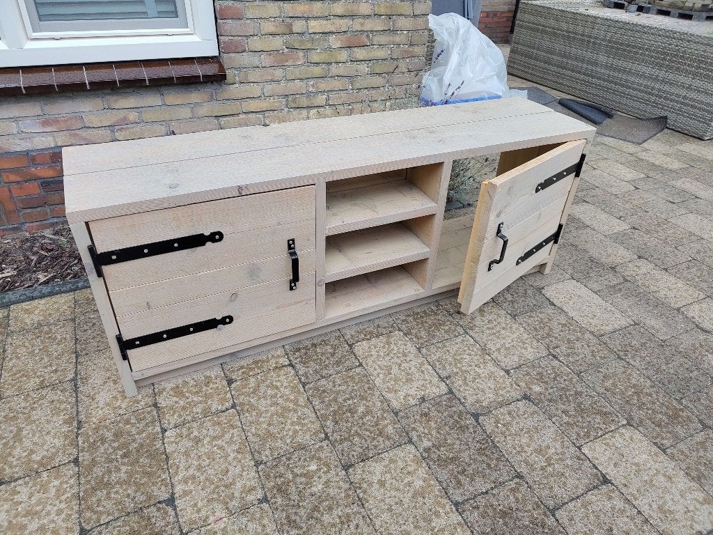 Steigerhouten tv-meubel met veel opbergruimte, Ophalen, Gebruikt, 150 tot 200 cm, Minder dan 100 cm
