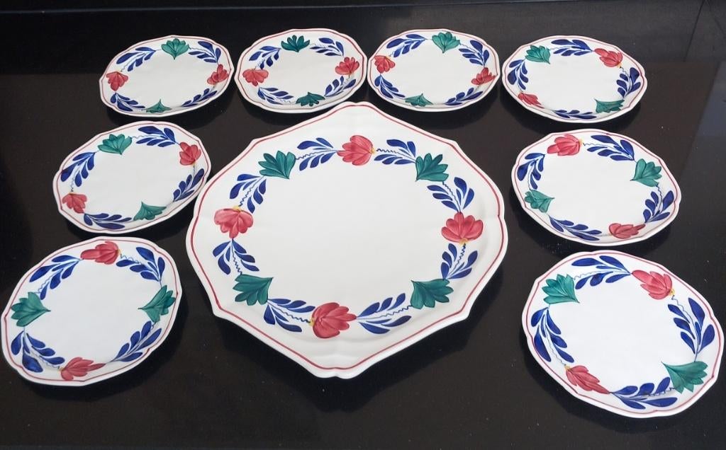 boerenbont 483A gebakstel met 8 bordjes, Huis en Inrichting, Keuken | Servies, Ophalen of Verzenden, Zo goed als nieuw, Bord(en)