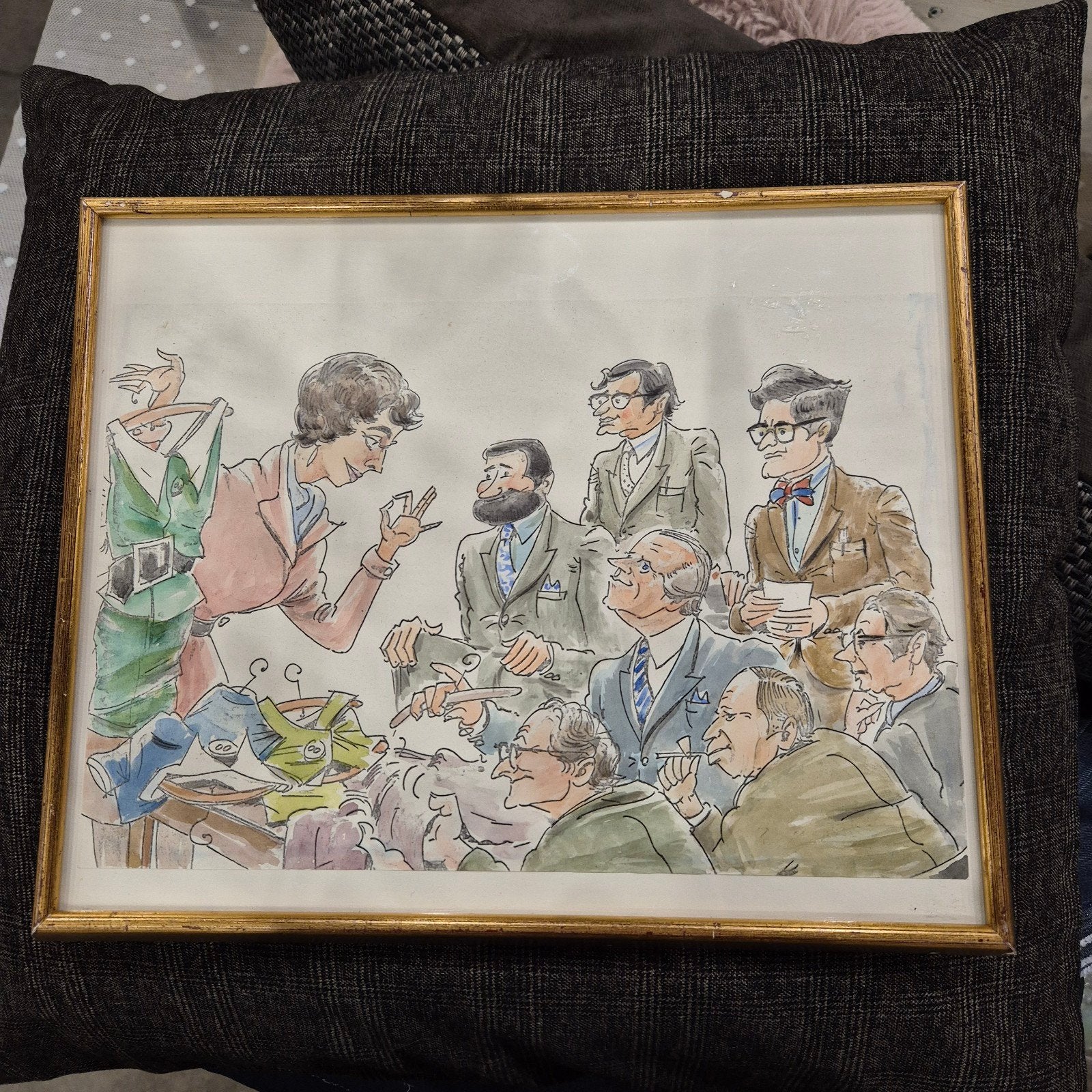 Vintage Illustratie Aquarel Tekening lijst humor politiekBor, Ophalen of Verzenden, Tekening, Aquarel, Ingelijst