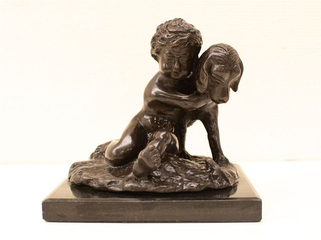 Bronzen beeld kind met haar hond 33033, Ophalen of Verzenden, Gebruikt, Mens