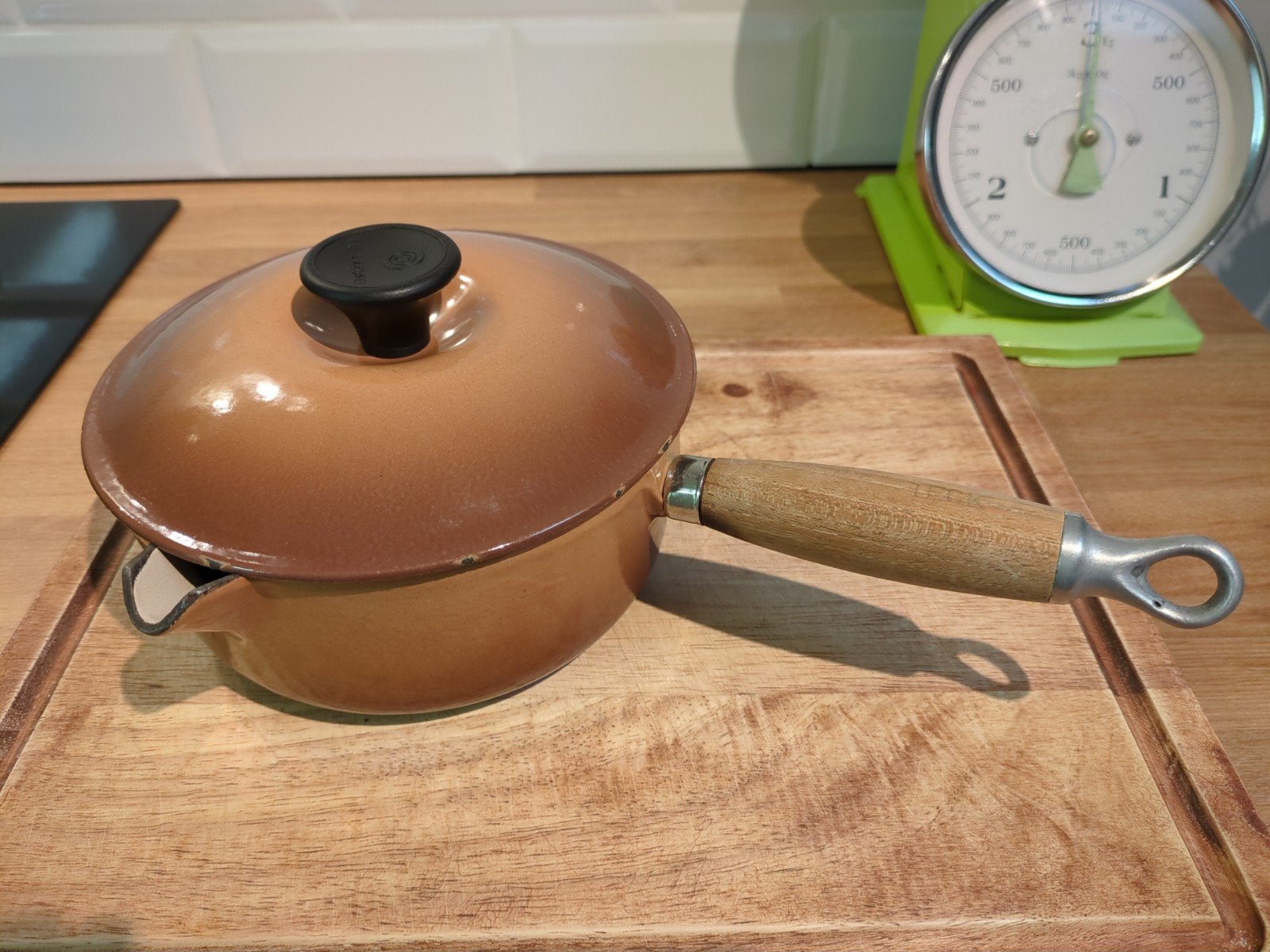 Creuset sauspan met deksel, Gebruikt, Gietijzer, Le Creuset, Ophalen of Verzenden