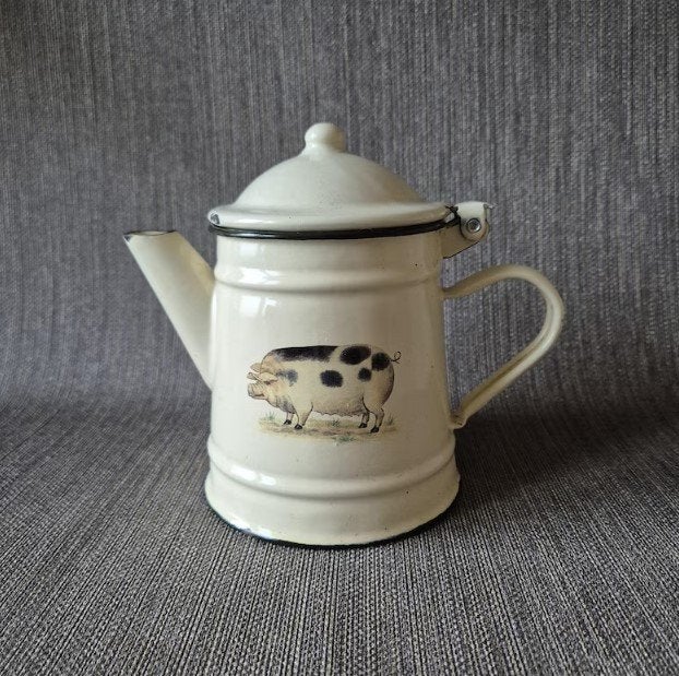 Emaille theekan koffiekan creme met varken, Ophalen of Verzenden