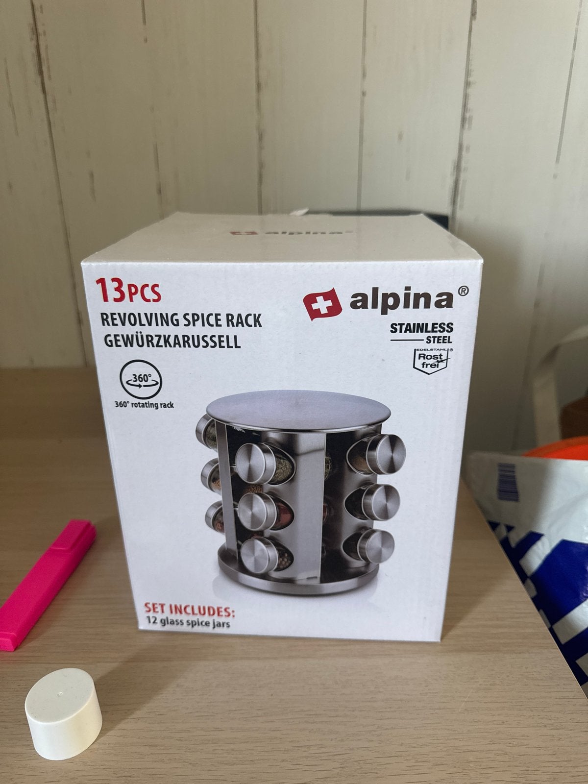 Alpina Draaibaar Kruidenrek - 12 Glazen Potjes - RVS, Overige typen, Ophalen of Verzenden, Metaal, Nieuw