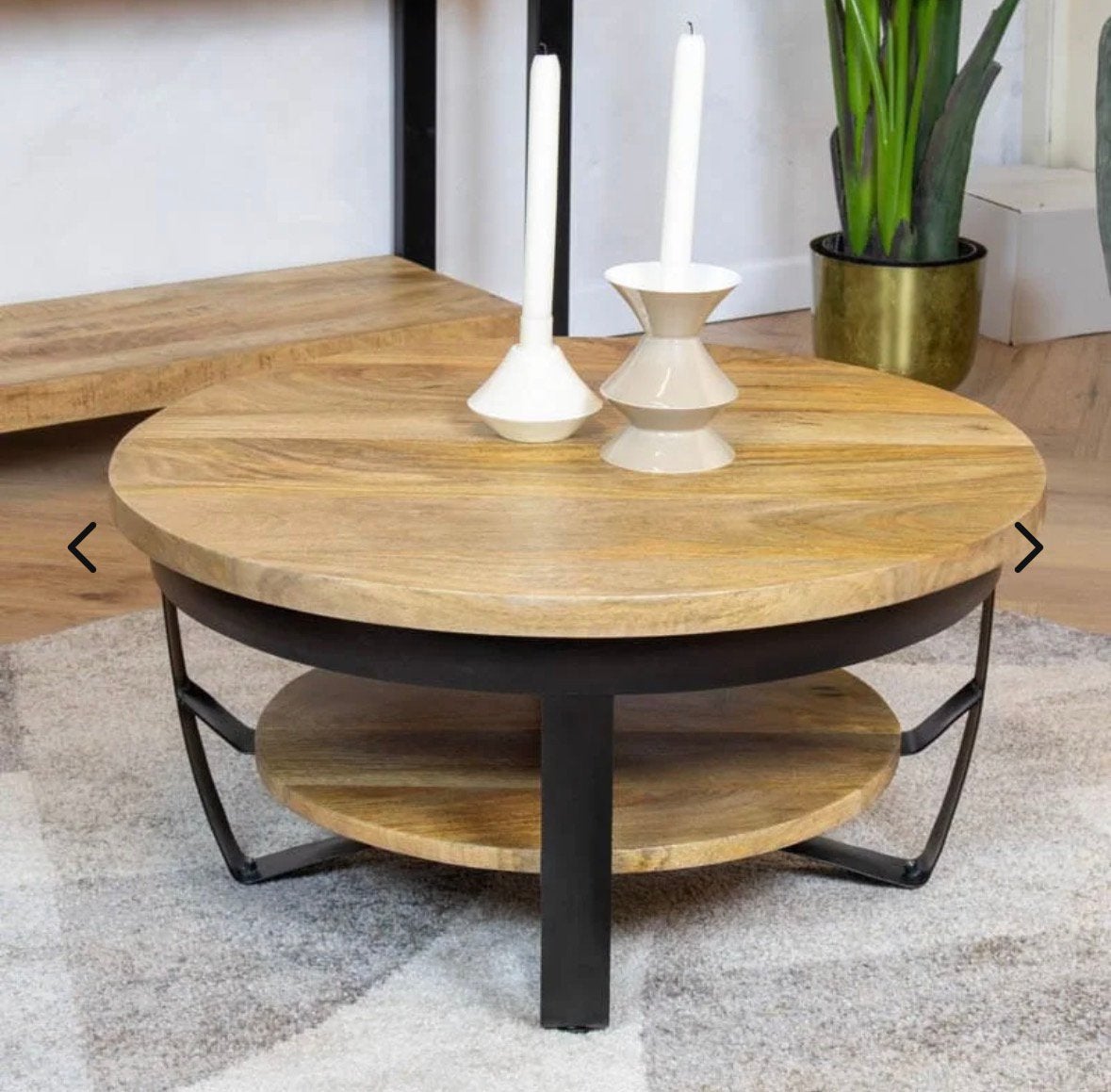Salontafel mangohout metalen frame 70 cm breed, Ophalen, Zo goed als nieuw, Rond, 50 tot 100 cm