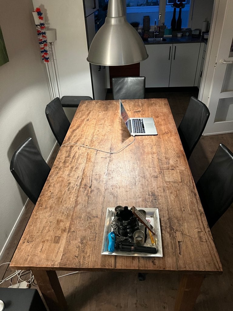 Oude Teak koloniale tafel 200 x 100 x 78  + 6 Stoelem, Ophalen, Gebruikt, Teakhout, 200 cm of meer