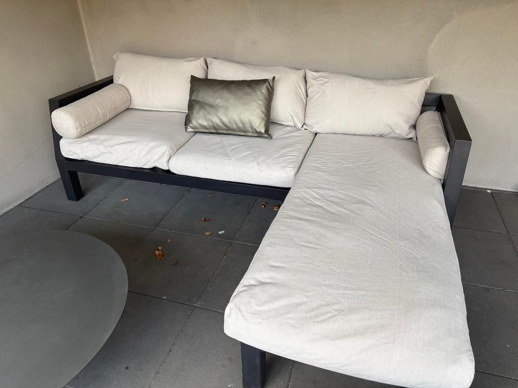Loungebank tuinset 5 persoons beige creme met stalen frame, Tuin en Terras, Tuinsets en Loungesets, Ophalen of Verzenden, Zo goed als nieuw