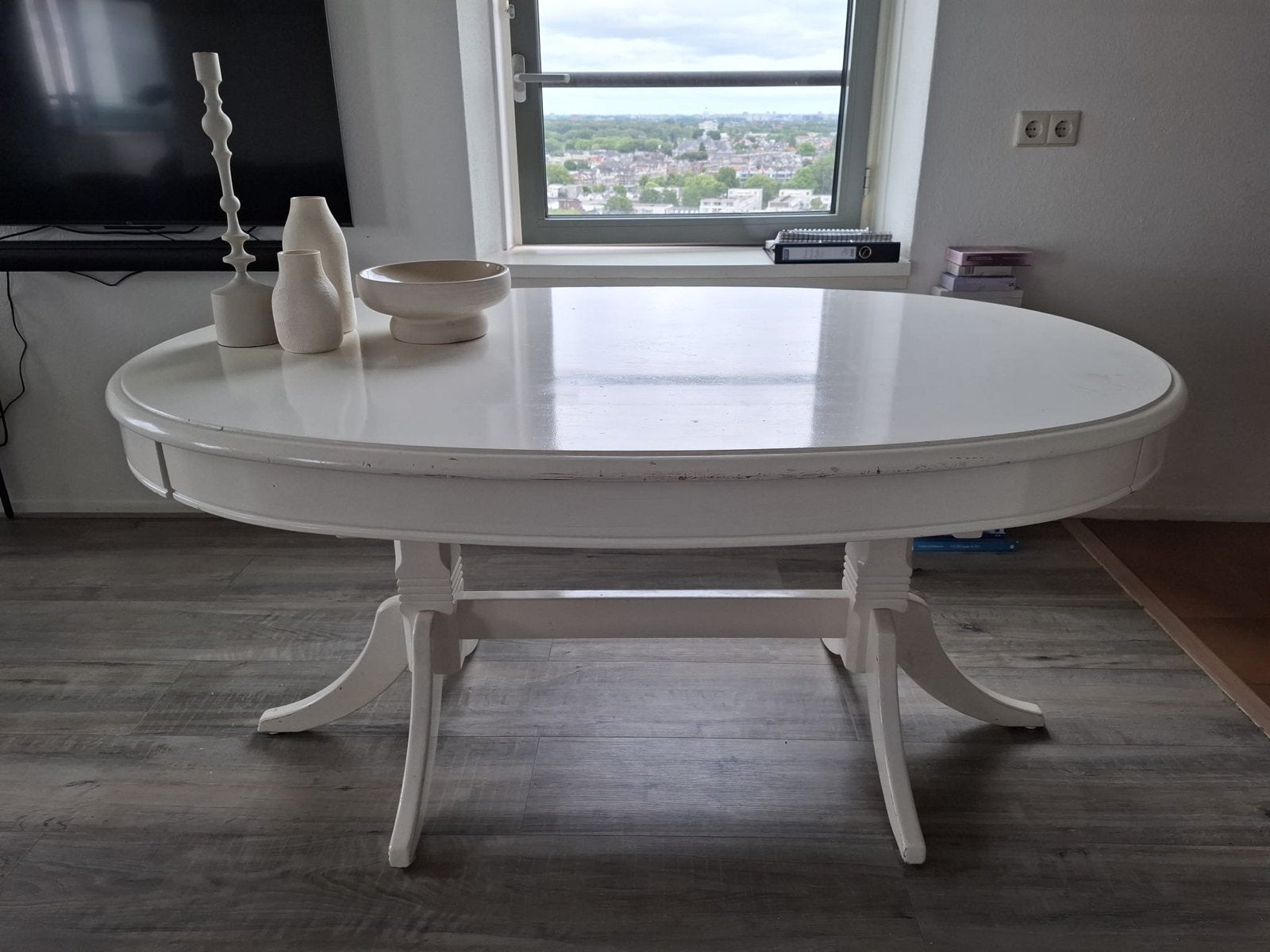 Uitschuifbare ovale eettafel - Wit, Huis en Inrichting, Tafels | Eettafels, Ophalen, Gebruikt, 50 tot 100 cm, 150 tot 200 cm