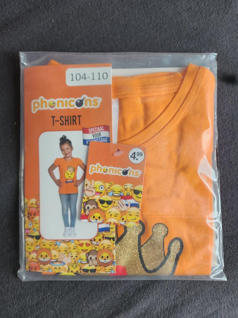 Oranje shirt Phonicons 104-110 NIEUW (queen), Kinderen en Baby's, Kinderkleding | Maat 104, Ophalen of Verzenden, Nieuw, Meisje