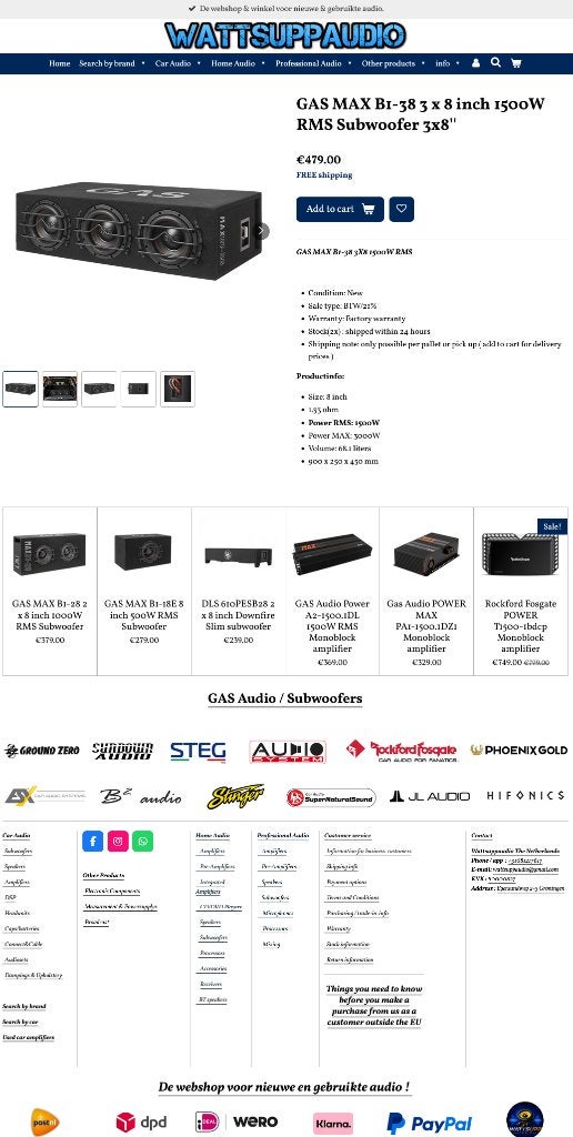 GAS MAX B1-38 3 x 8 inch 1500W RMS Subwoofer 3x8'', Info@optimount.nl, Nieuw, Ophalen of Verzenden, Anholtseweg 48A 7091 HB DINXPERLO