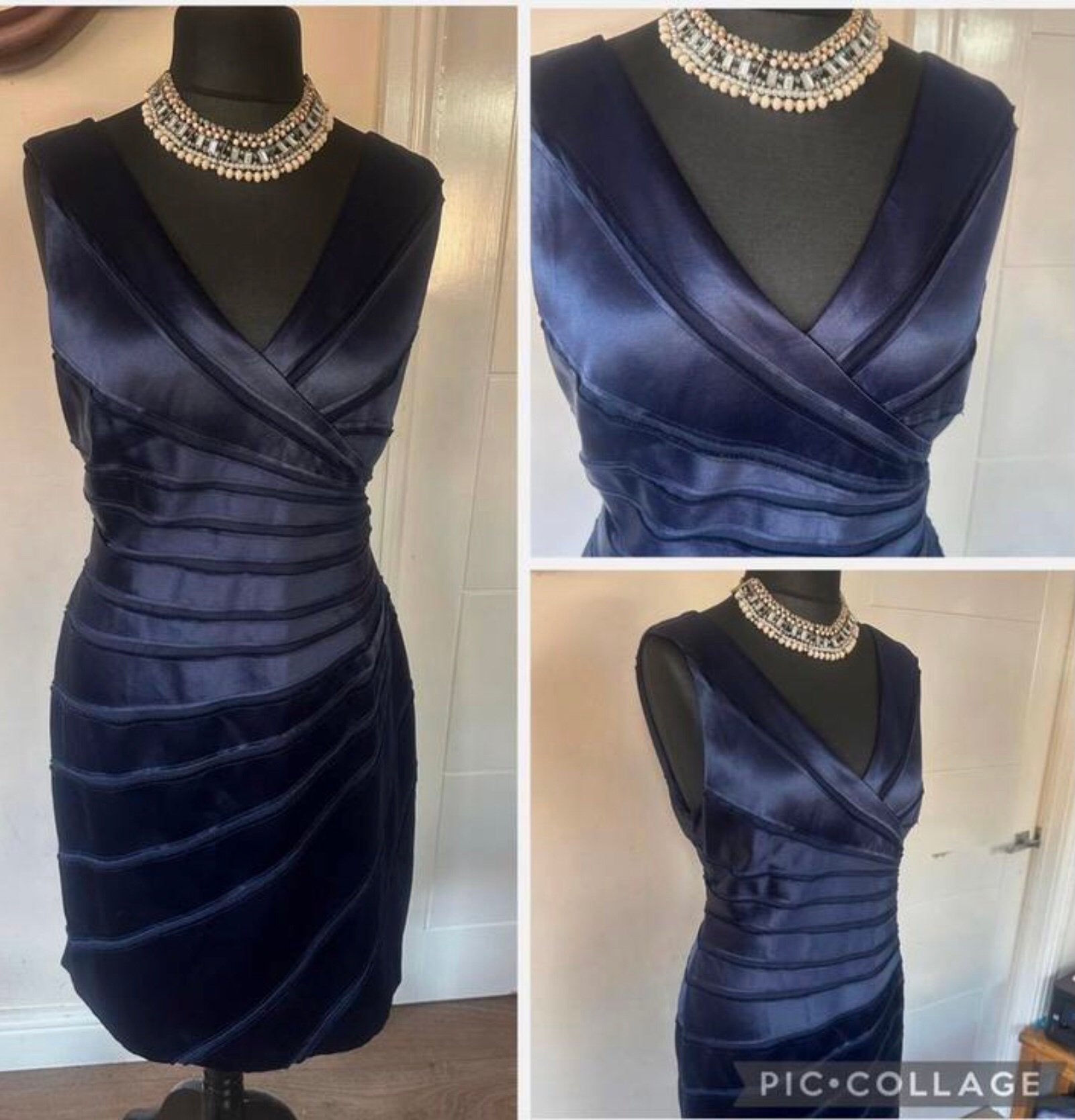 Phase Eight luxe jurk mat glanzend satijn donkerblauw 38, Maat 38/40 (M), Zo goed als nieuw, Onder de knie, Verzenden