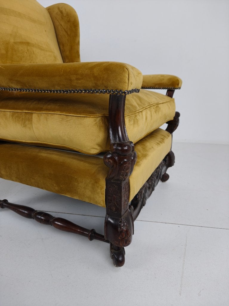 2x 19e-eeuwse notenhouten fauteuils met fluwelen bekleding, Ophalen of Verzenden