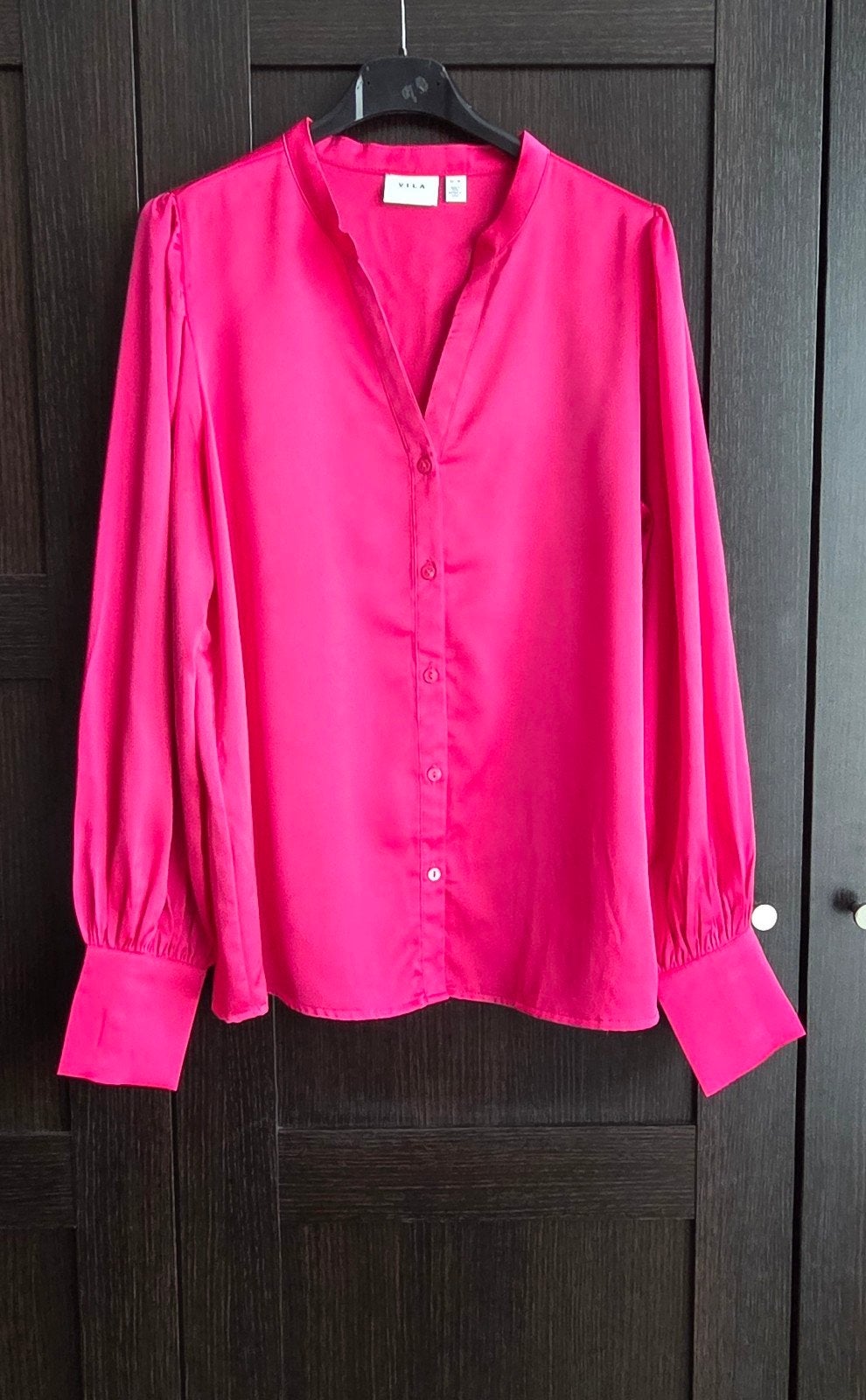 Vila fuchsia roze satijnen blouse 38 pofmouw, Maat 38/40 (M), Vila, Ophalen of Verzenden, Zo goed als nieuw