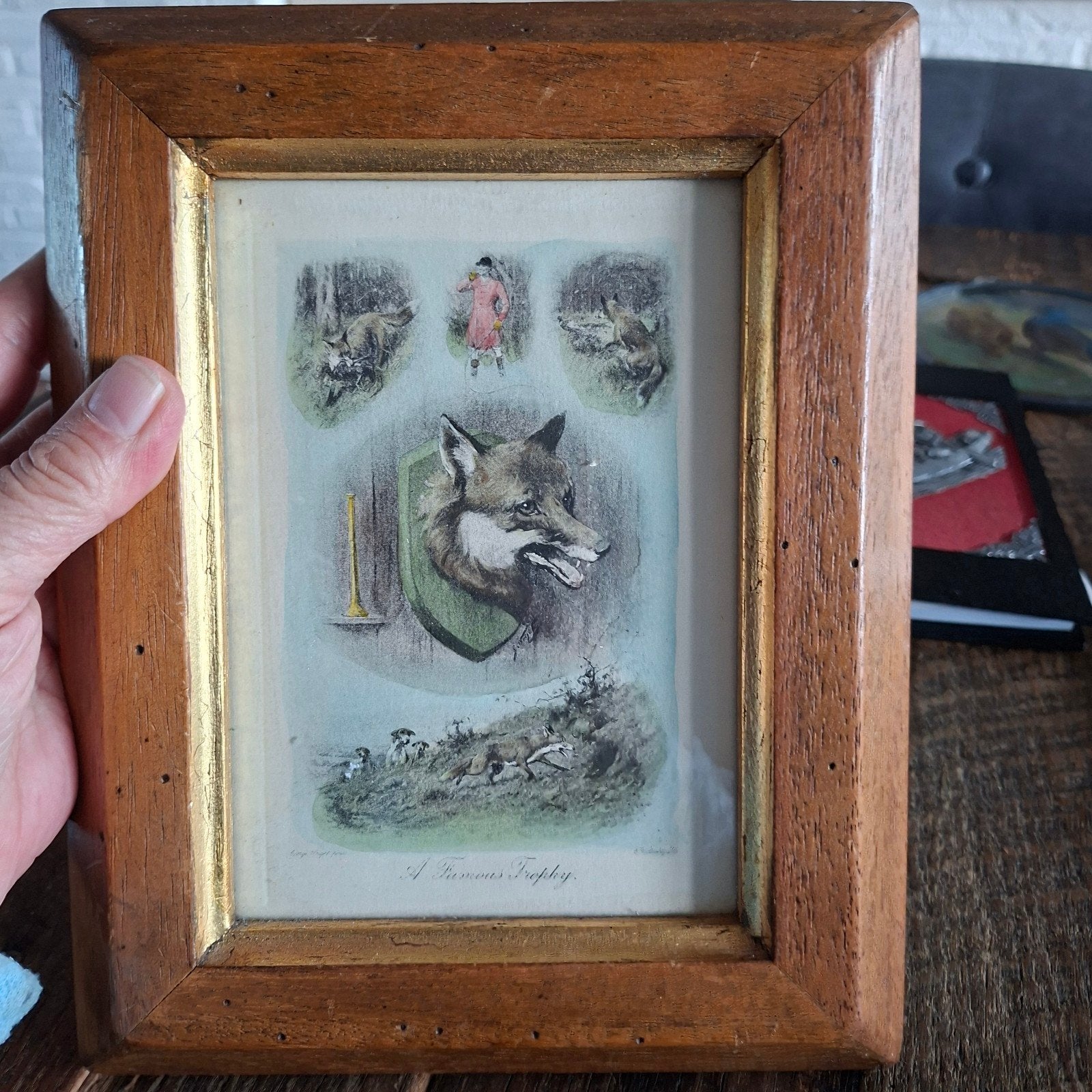 Klassieke Prent van de Jacht achter Glas 24x19 cm groot, Antiek en Kunst, Kunst | Schilderijen | Klassiek, Ophalen of Verzenden