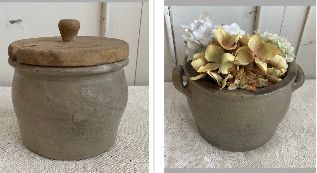 2x Brocante grespot / 1 met houten dekseltje / 1 met oortjes, Ophalen of Verzenden