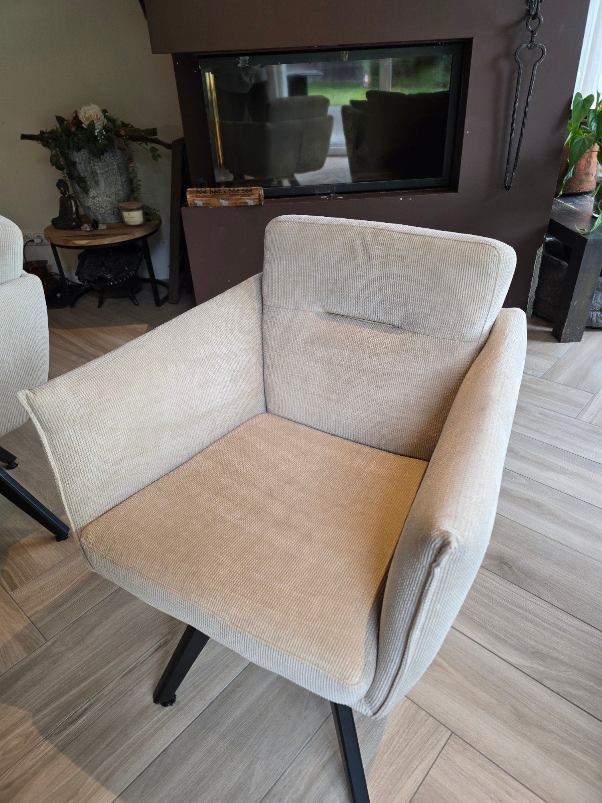 Set van 8 (of 2 x 4) wit/ beige ribstof eetkamerstoelen, Ophalen, Gebruikt, Overige kleuren, Stof