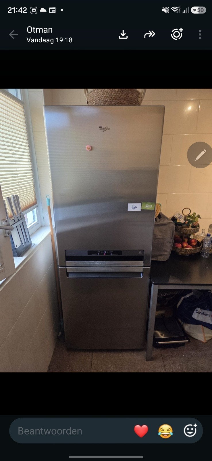 Whirlpool Koel-vriescombinatie - RVS - geeft storing aan, Witgoed en Apparatuur, Koelkasten en IJskasten, Gebruikt, 200 liter of meer