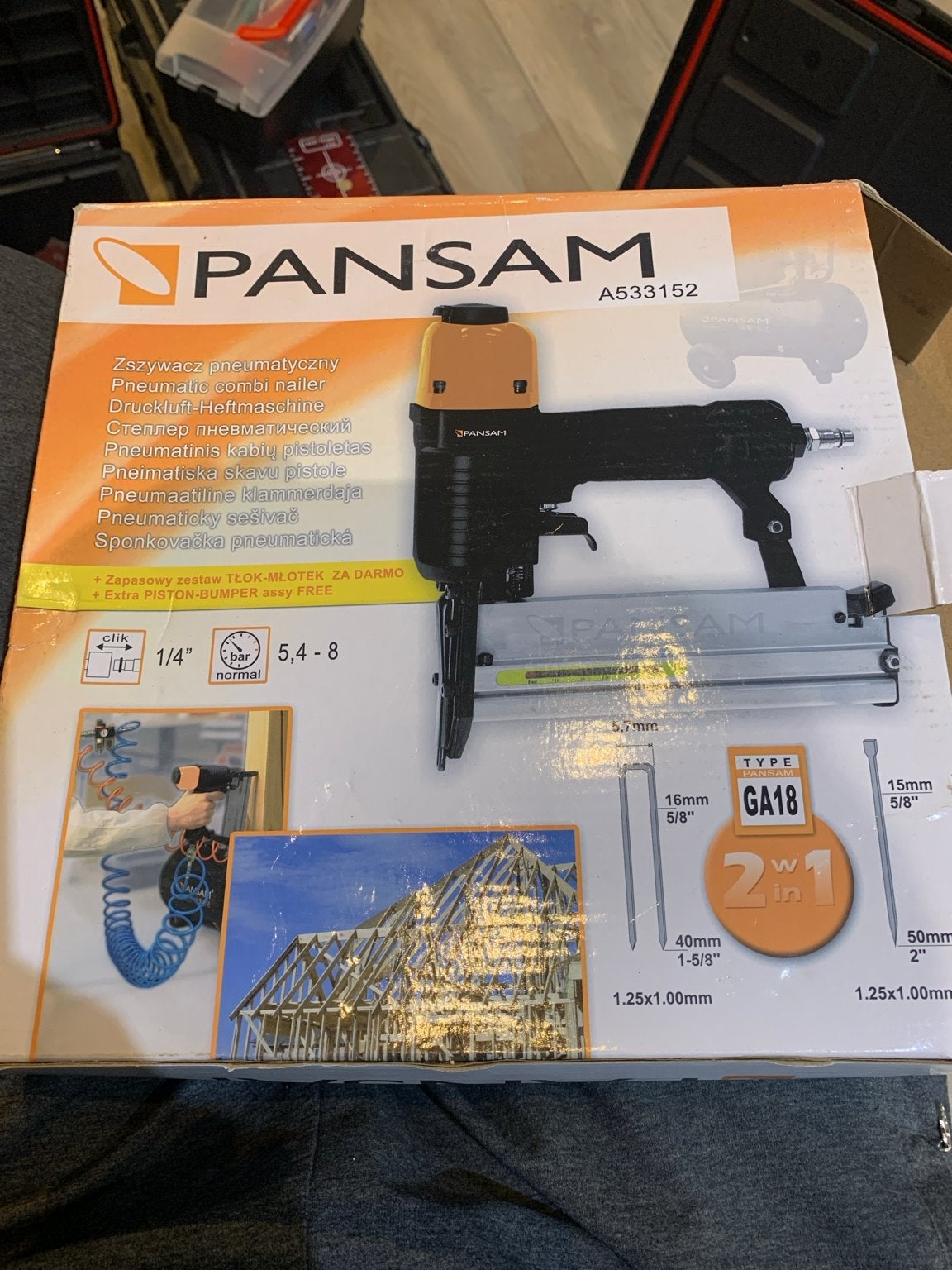 PANSAM A533152 Pneumatische Tacker en Bradnailer 2-in-1, Doe-het-zelf en Verbouw, Ophalen, Zo goed als nieuw, Tacker/nietmachine