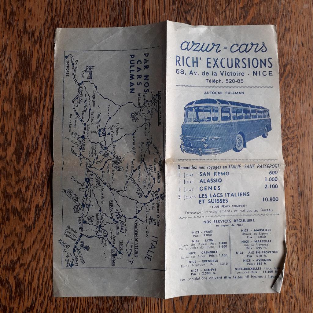 Azur-Cars autobus Pullman excursies Nice Cote d'Azur ca 1950, Verzamelen, Spoorwegen en Tramwegen, Ophalen of Verzenden, Gebruikt