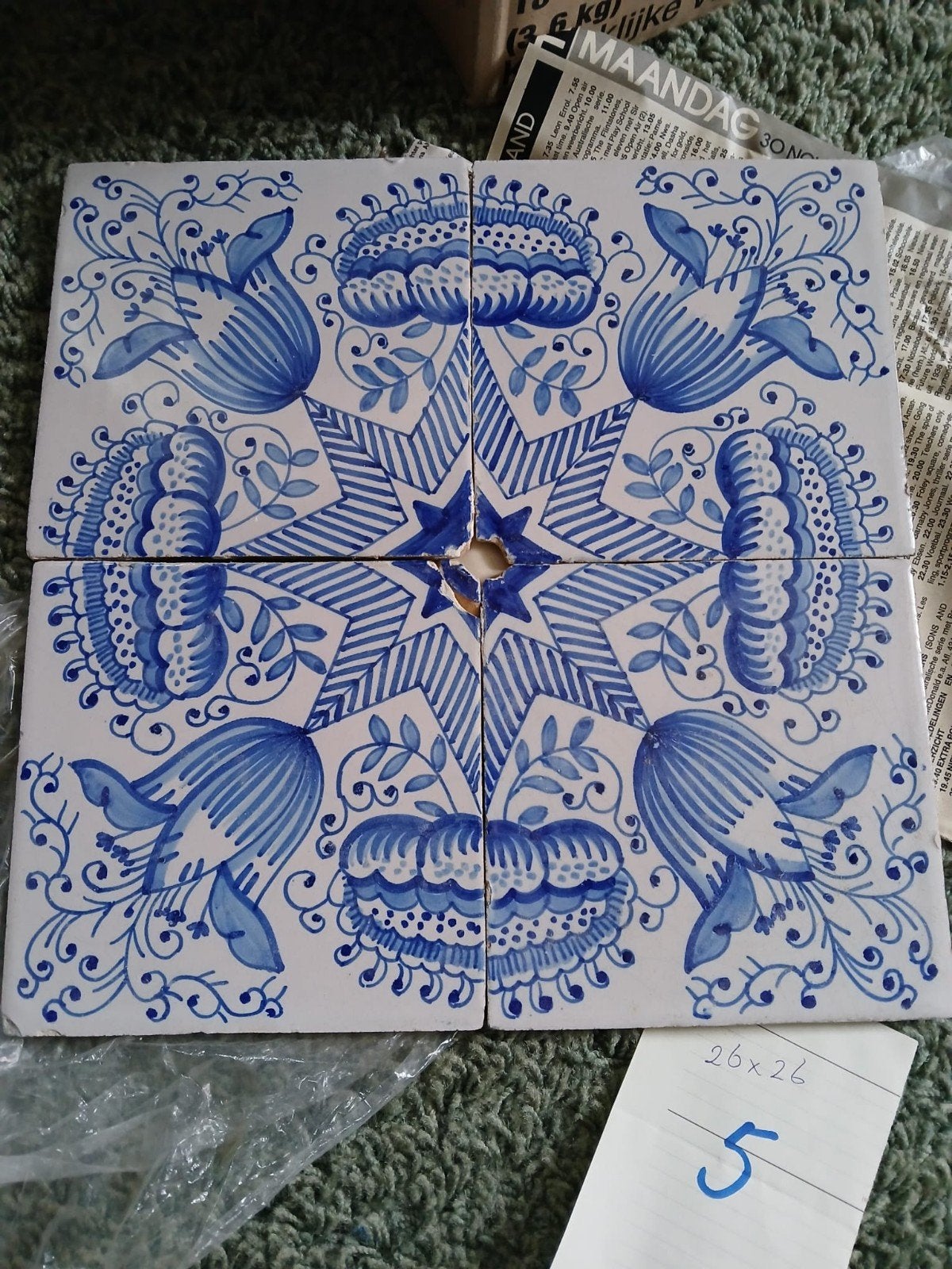 Delfts Blauw Tegeltableau - Bloemmotief, Ophalen of Verzenden