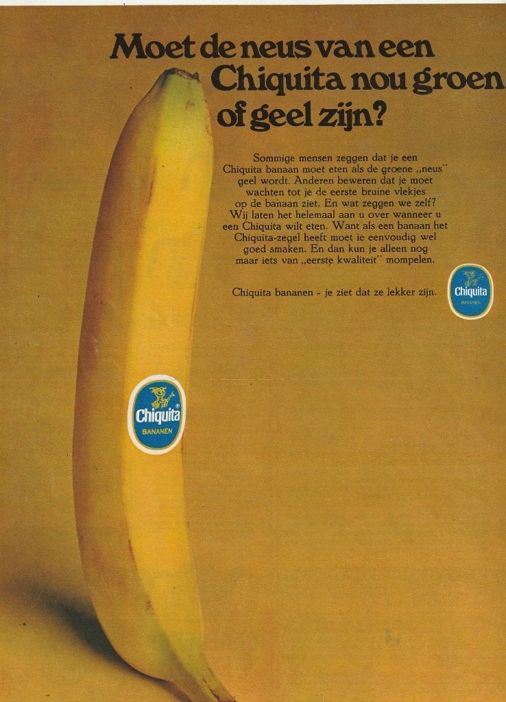 Retro reclame 1969 Chiquita bananen de groene neus, Verzenden, Overige typen