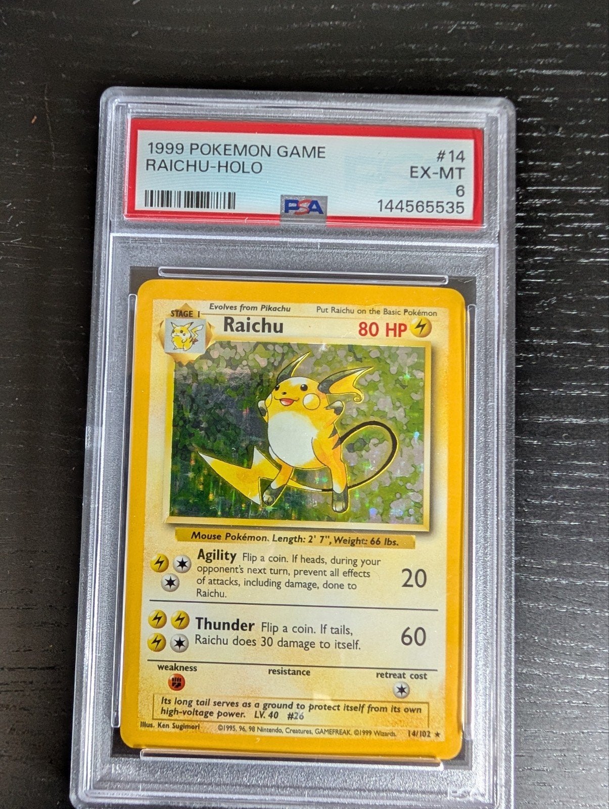 Raichu Holo 1999 Pokemon Game PSA 6 EX-MT, Ophalen of Verzenden, Gebruikt, Losse kaart, Foil