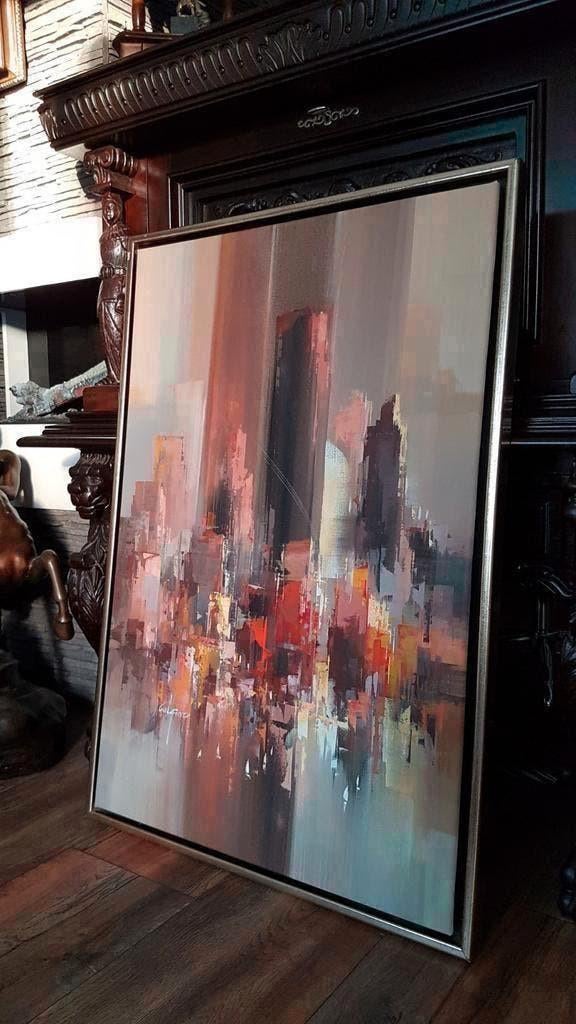 Abstracte olieverf warme canvas schilderij in vergulde lijst, Antiek en Kunst, Ophalen of Verzenden