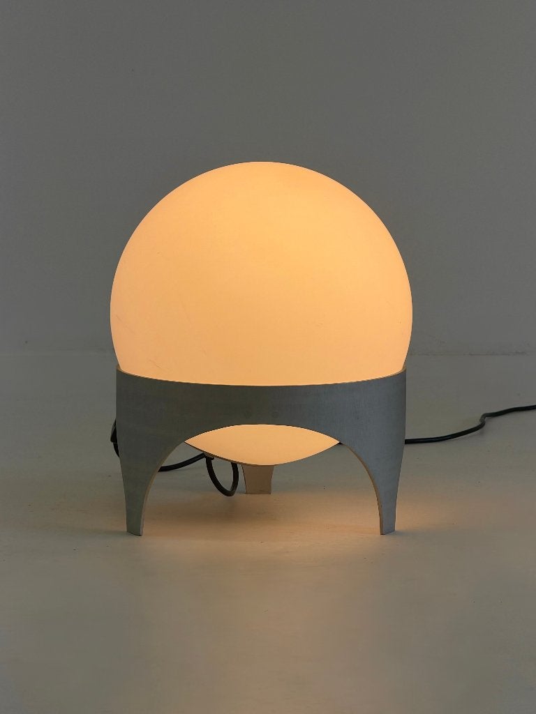 Vintage Space Age Tafellamp met Glazen Bol en Aluminium Voet, -, -, Zo goed als nieuw, Zilver